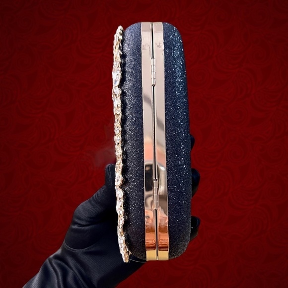 Crystal Rhinestone Embellished Black Evening Bag w/Handle & Chain Strap NWT - Picture 6 of 16